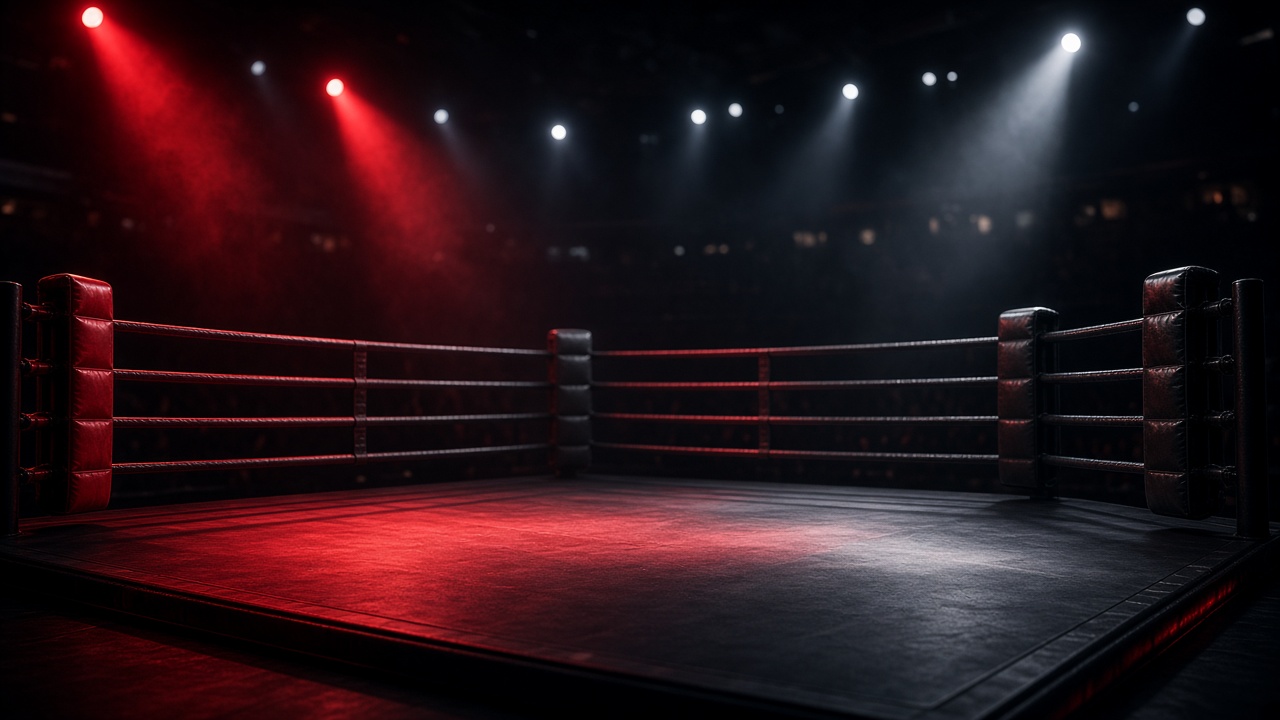 Empty boxing ring under arena lights